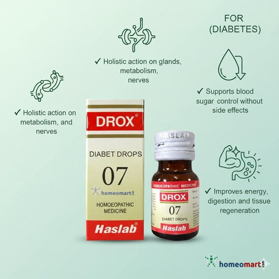 Drox 07 Diabet Drops packaging with text highlighting diabetes benefits on a light green background