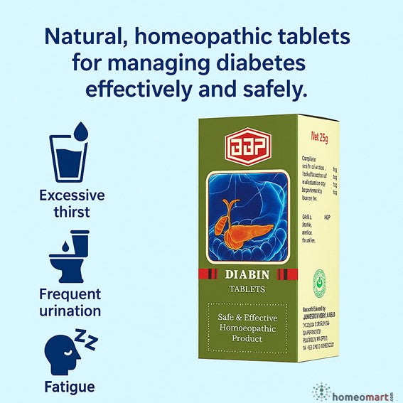 Box of Diabin tablets for managing diabetes with symptoms listed on a light blue background