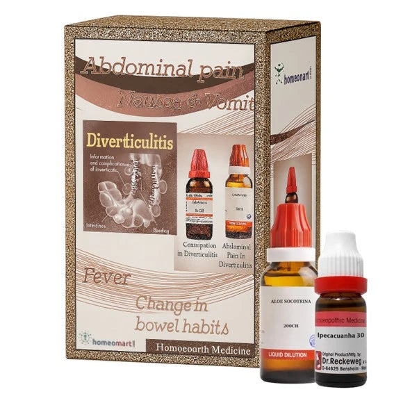 Homeopathic medicine kit for abdominal pain and other diverticulitis conditions with packaging and bottles.