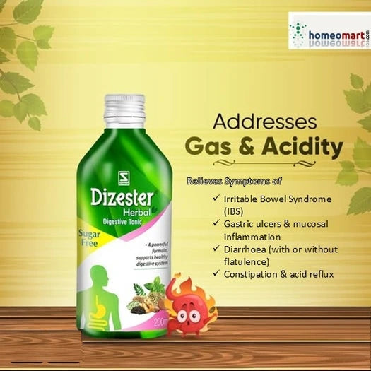 Dizester Herbal Digestive Tonic bottle with product details on a yellow background