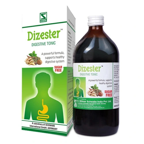 Dizester Digestive Tonic pound packaging and bottle on a white background
