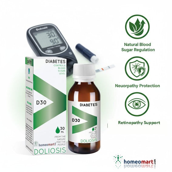 D30 diabetes product packaging with a blood glucose meter on a white background with icons of 'natural blood sugar regulation, neuropathy & retinopathy'