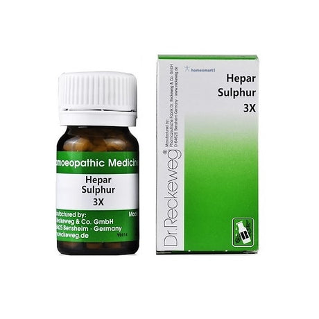 Dr. Reckeweg Hepar Sulphur 3X homeopathic medicine bottle and packaging on a white background