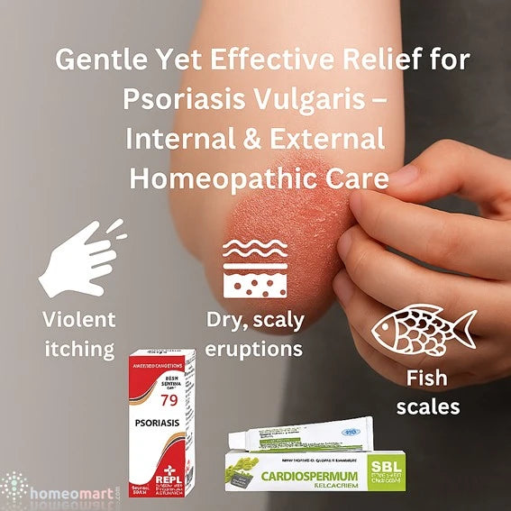 Homeopathic remedies for psoriasis vulgaris with a hand showing symptoms on a gray background.