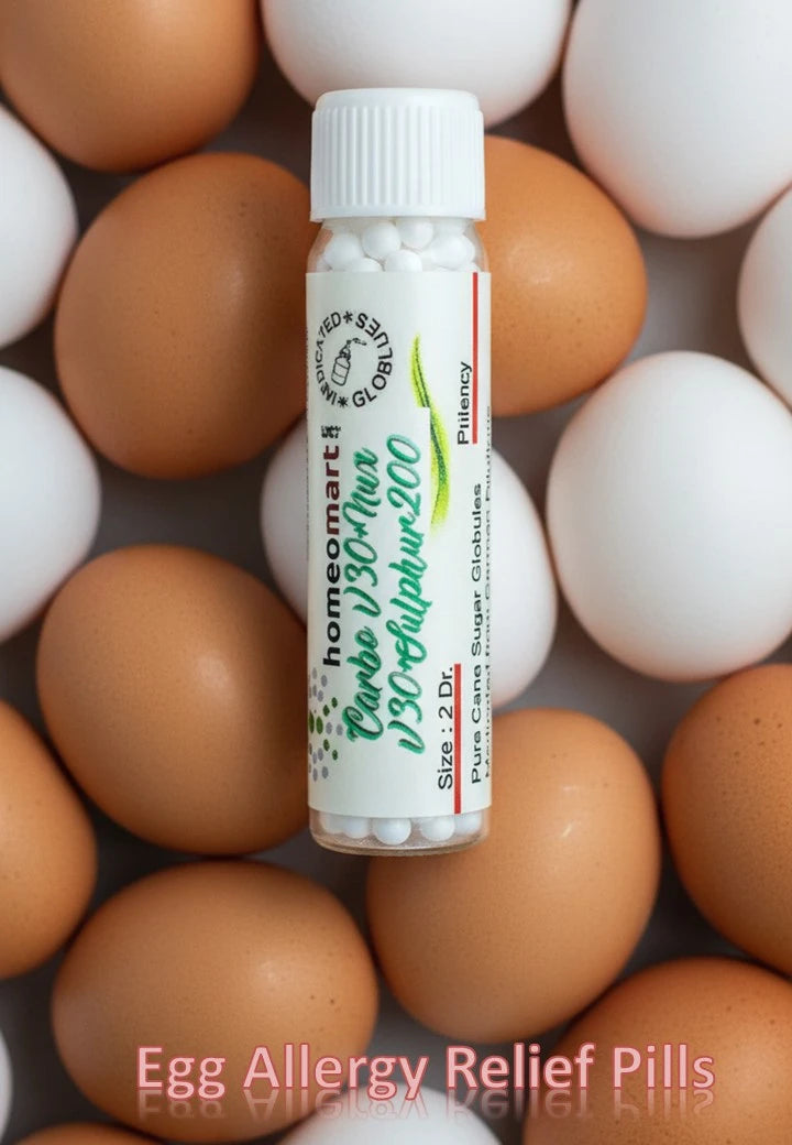 Egg allergy relief pills bottle surrounded by eggs with text 'Egg Allergy Relief Pills'.