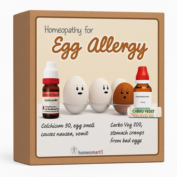 Box of homeopathic remedies for egg allergy with cartoon eggs and bottles on a beige background.