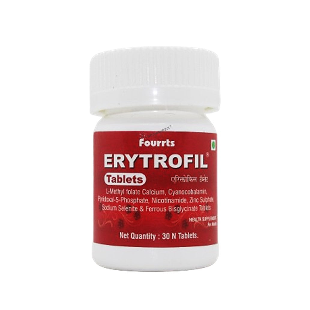 A bottle of Fourrts Erytrofil Tablets with a label indicating it contains 30 tablets for internal use.