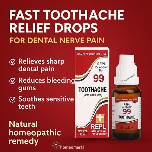 REPL 99 Toothache Drop packaging and bottle on a red background with text about fast toothache relief.