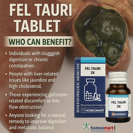 Fel Tauri Homeopathy Trituration Tablets are a trusted natural remedy for liver health, digestion, and bile flow. Formulated with high-quality ingredients, this homeopathic solution helps manage biliary disorders, sluggish digestion, and high cholesterol, promoting a healthy metabolic balance.