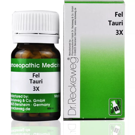 Bottle and box of Dr. Reckeweg Fel Tauri 3X homeopathic medicine on a white background