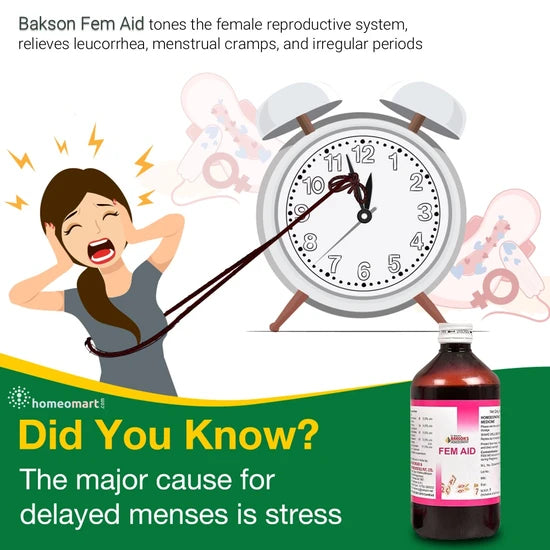 Balance your cycle naturally with Bakson Fem Aid — a trusted homeopathic remedy for leucorrhoea, painful periods, and delayed menstruation.