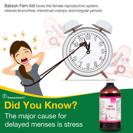 Balance your cycle naturally with Bakson Fem Aid — a trusted homeopathic remedy for leucorrhoea, painful periods, and delayed menstruation.