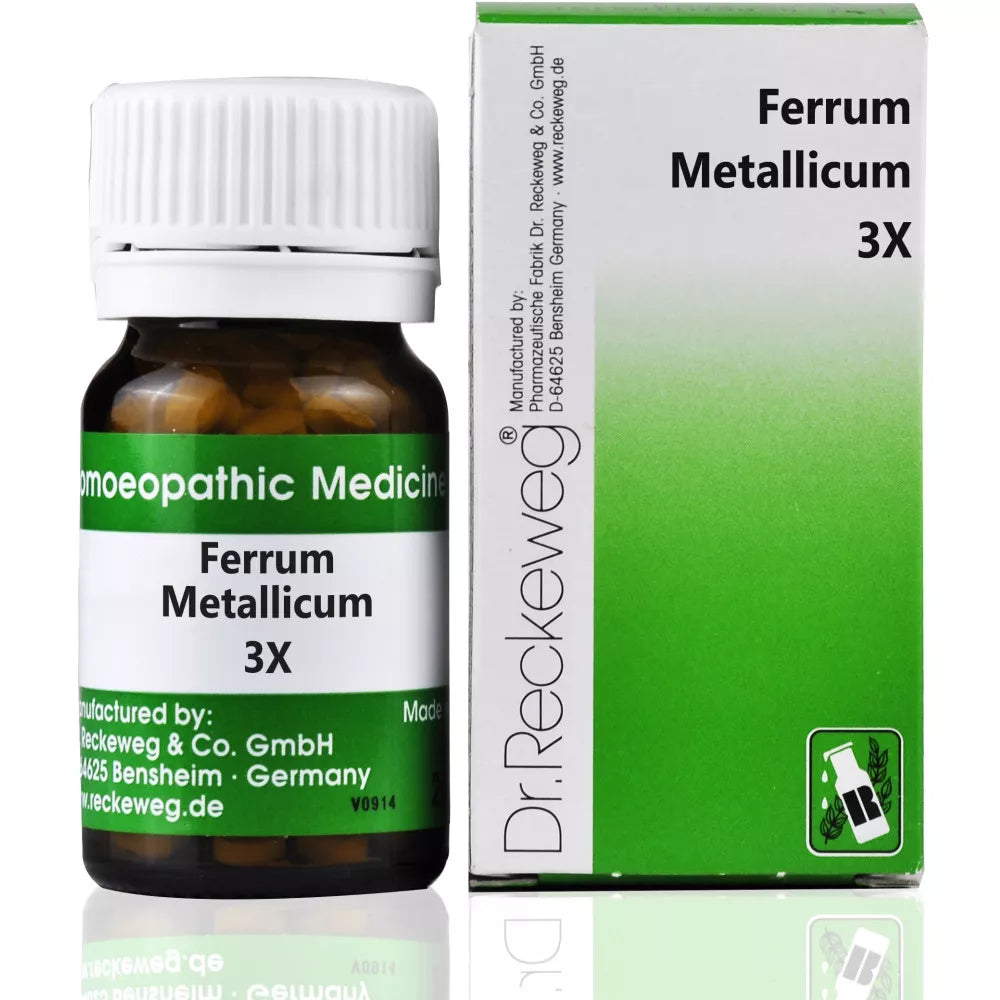 Bottle and box of Dr. Reckeweg Ferrum Metallicum 3X on a white background