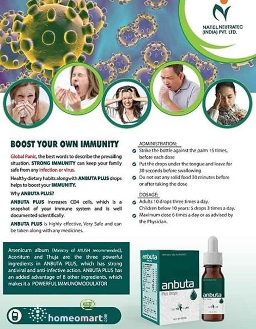 Anbuta Plus Homeopathic Drops – Empower your immune system to fight off infections, reduce viral load, and boost recovery. Especially effective for conditions like HIV, cancer, hepatitis, and chronic illnesses. Safe, all-natural, and perfectly designed to enhance your body’s defense mechanisms.