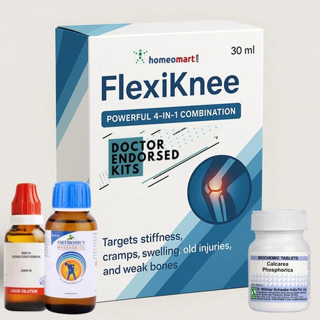 Relieve knee pain with Dr. Sawan & Dr. Baisakh's 4-part homeopathy kit. Targets stiffness, cramps, swelling, and bone weakness. Safe & effective.