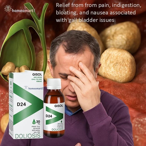 Man with gallbladder issues holding his head next to Gisol D24 Doliosis products and text showing gallstone symptoms