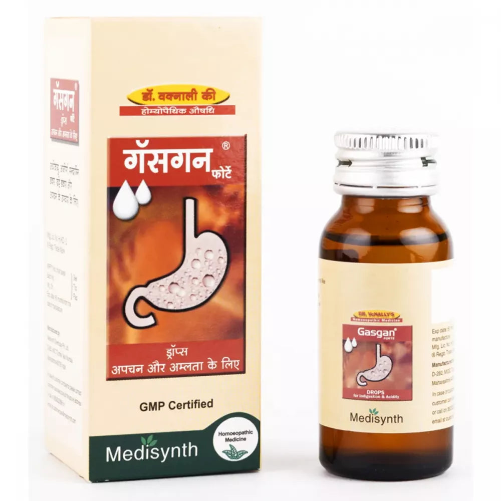 Medisynth Gasgan Forte Drops provide natural homeopathic relief from acidity, heartburn, gas, and indigestion. Enhances digestion, balances gastric pH & regulates bowel movement