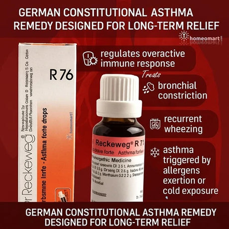 R76 is a constitutional asthma remedy that works by regulating overactive immune responses and improving lung function over time. Especially beneficial for individuals prone to bronchial constriction, recurrent wheezing, or asthma triggered by allergens, exertion, or cold exposure.