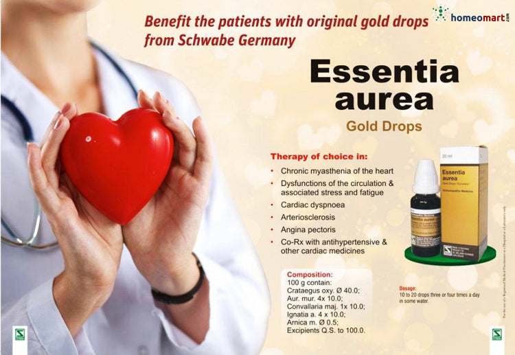 a doctor with heart icon and German Essentia Aurea Gold homeopathy Drops with indications for Chronic myasthenia,Cardiac dyspnoea, Angina pectoris, arterisclerosis