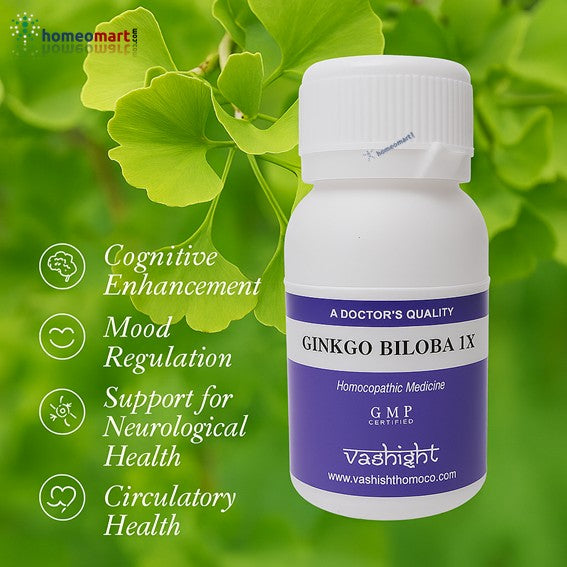 Vashishth Ginkgo Biloba LX bottle with green leaves in the background and benefits infographic