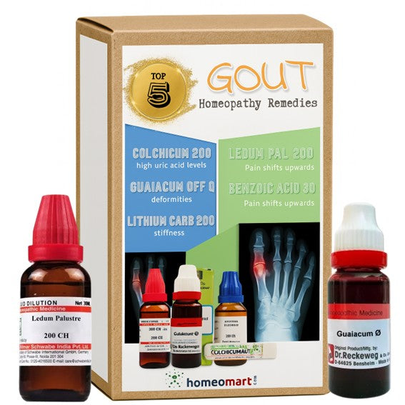 Gout homeopathy remedies with bottles and packaging on a white background