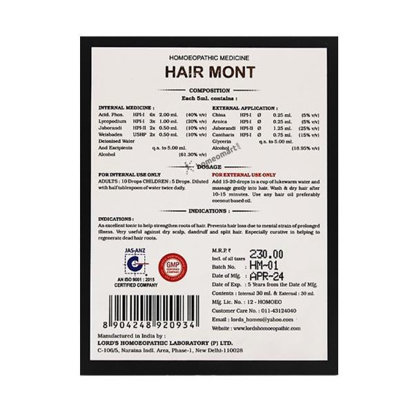 Internal & External ingredients, application of Lords Hair Mont Liquid: Potent Hair Tonic for Weak Hair Roots & Hair Loss Control