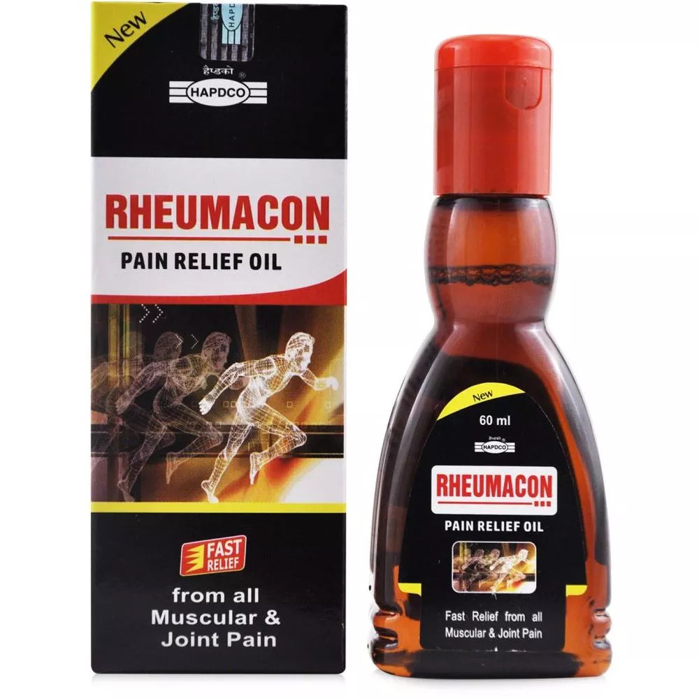 Hapdco Rheumacon Oil, enriched with Arnica and Methyl Salicylate. Relieves joint stiffness, muscular pain, sciatica, and sprains