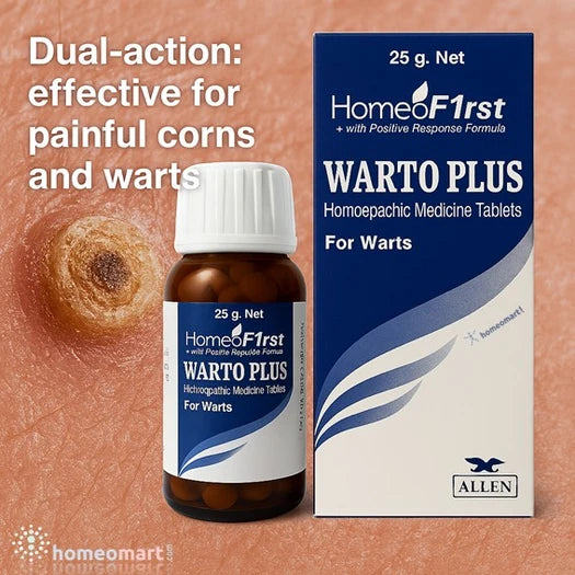 HomeoF1rst Warto Plus homeopathic medicine bottle and packaging on a hard skin wart background.
