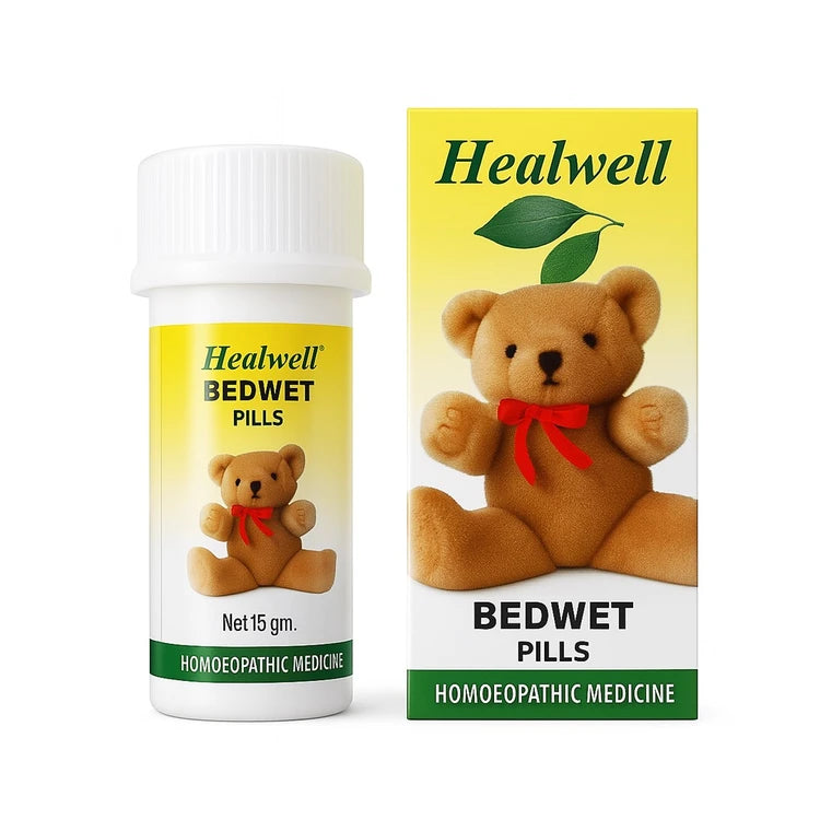 Healwell Bedwet Pills packaging with a teddy bear illustration on a white background
