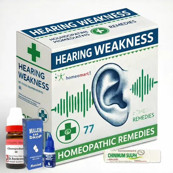 Homeopathic remedies for hearing weakness with packaging and bottles on a white background