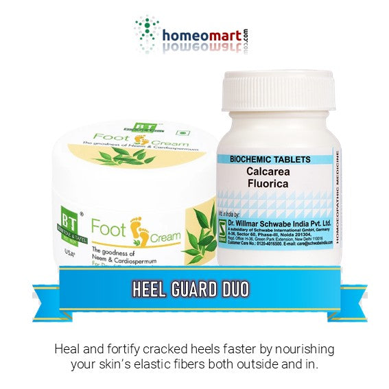 Bottle of Biochemic Tablets and Foot Cream with Homeomart branding on a white background