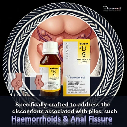 Bakson #B9 Hemorrhoidal Drops packaging with a diagram of hemorrhoids on a black background.