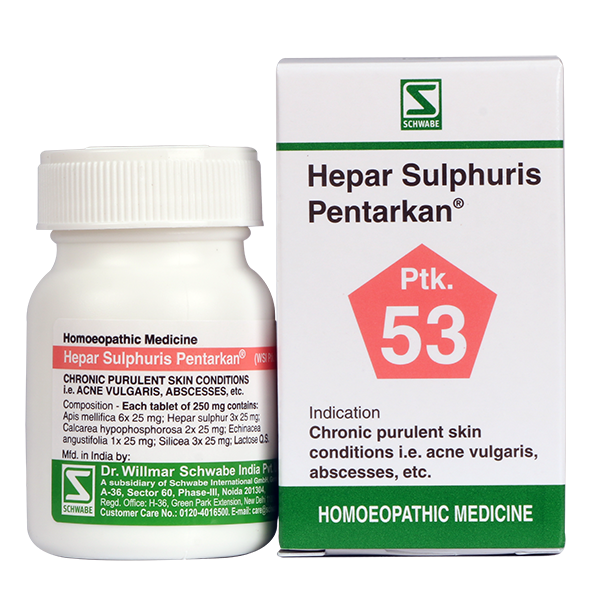 Schwabe Hepar Sulphuris Pentarkan homeopathy tablets for Acne Vulgaris, purulent Skin
