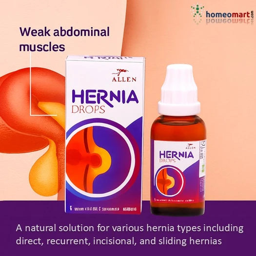 Hernia Drops packaging and bottle with Allen branding on a peach background showing weak abdominal muscle and hernia development