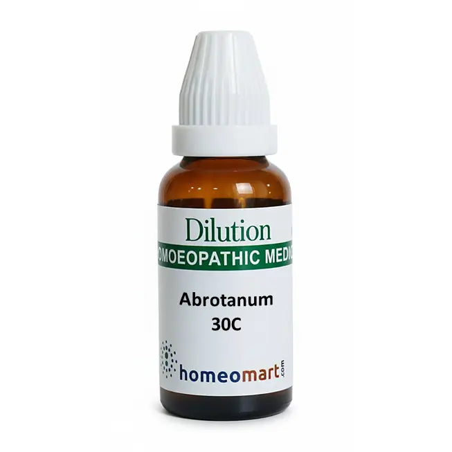 Homeopathic medicine bottle labeled 'Abrotanum 30C' on a white background