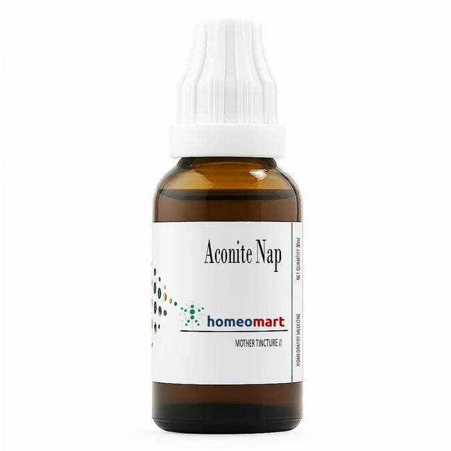 Amber glass bottle with white cap labeled 'Aconite Nap' from homeomart on a white background