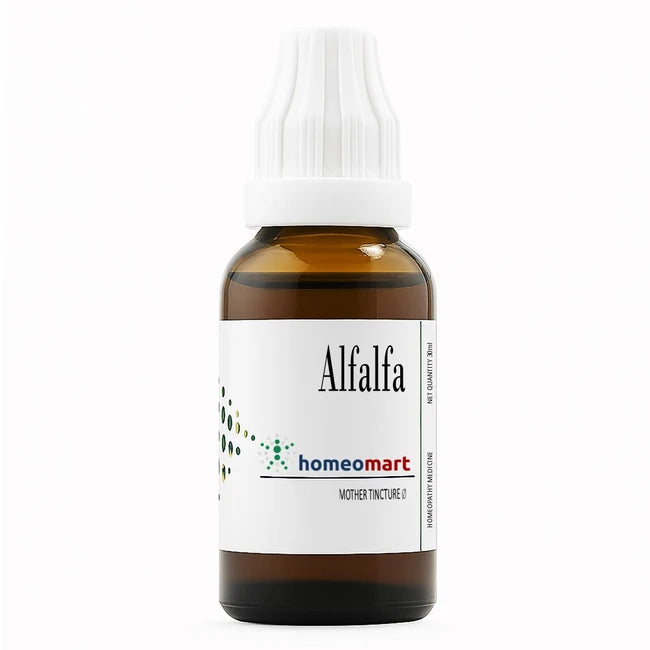 Bottle of Alfalfa tincture with 'homeomart' label on a white background