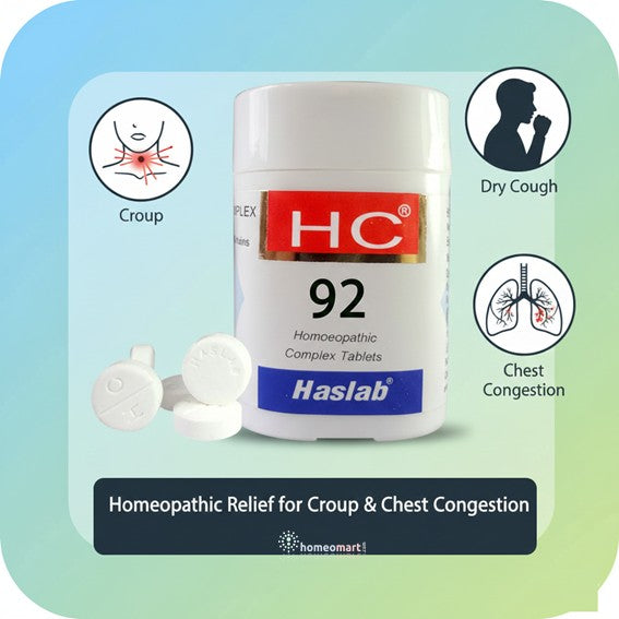 Haslab HC 92 homeopathic tablets with illustrations of symptoms on a gradient background indicating croup, dry cough