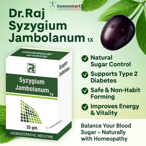 Dr. Raj Syzygium Jambolanum homeopathic medicine packaging with product benefit on a green background