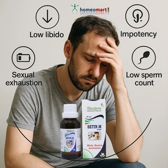 Dr. Bhargava Setin-M Drops support male libido, treat impotency, increase sperm count & stamina. Safe homeopathic formula with no side effects. 30ml bottle.