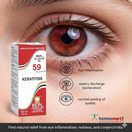 Eye with redness and a homeopathic medicine box labeled 'Keratittiss' on a close-up of an eye.
