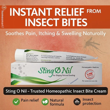 Sting O Nil insect bite cream packaging with infographic on an orange background