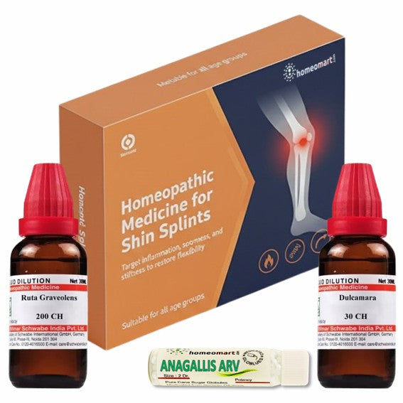 Homeopathic medicine for shin splints with packaging and bottles on a white background