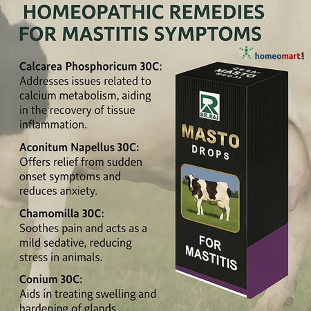 Dr Raj Masto Drops offer a homeopathic solution specifically designed for treating mastitis symptoms in animals