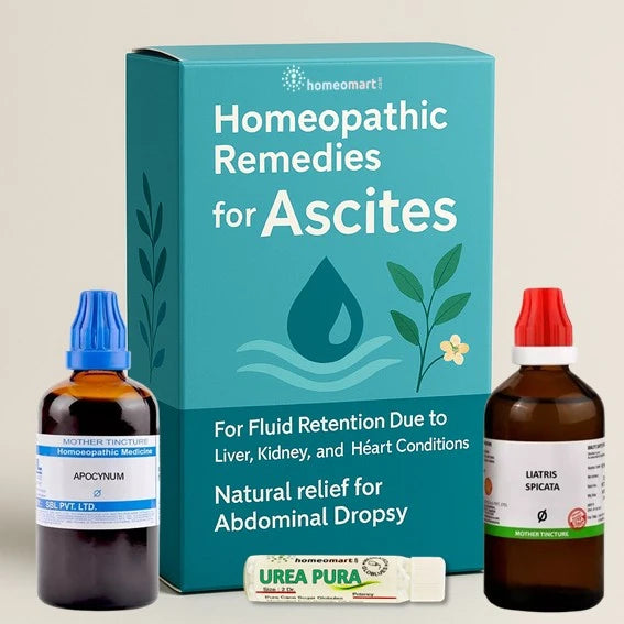 Homeopathic remedies for ascites with packaging and bottles on a beige background
