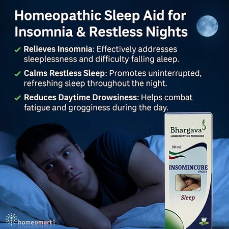 Bhargava Insomnicure Drops naturally calm the mind and body, easing insomnia, restless nights, and fatigue. With a blend of safe, effective homeopathic ingredients, it’s your gentle yet powerful solution for better sleep—without side effects.