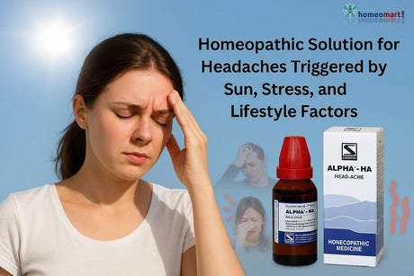 Woman experiencing headaches under sun with homeopathic solution and product packaging displayed.
