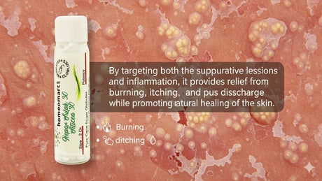 Skin care product with text on a textured skin background indicating pustular psoriasis skin condition