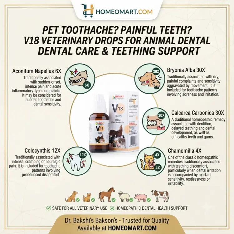 Bakson V18, Bakson Veterinary, Teeth Drops, Veterinary Teeth, Toothache Drops, Animal Dental Care, Dental Support, Homeopathic Veterinary, Teething Support, Delayed Teething, Dentition, Pyorrhoea, Unhealthy Gums, Decaying Gums, Gum Support, Dental Pain, Tooth Pain, Sensitive Teeth, Pet Dental Care, Veterinary Homeopathy, 30ml Drops