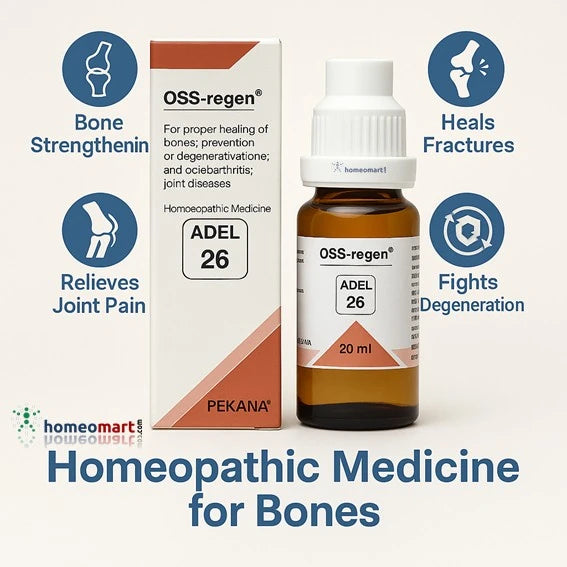 OSS-regen homeopathic medicine for bones with packaging and bottle on a white background
